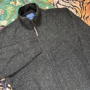 Vintage Pendleton 100% Shetland Wool Full Zip Sweater Textured Knit Gray Large